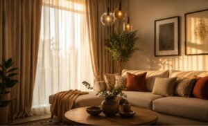 Styled living room with drapes, lighting and decor as part of turnkey interior finishing