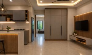 Custom modular kitchen and wardrobe unit design in Kerala home interior
